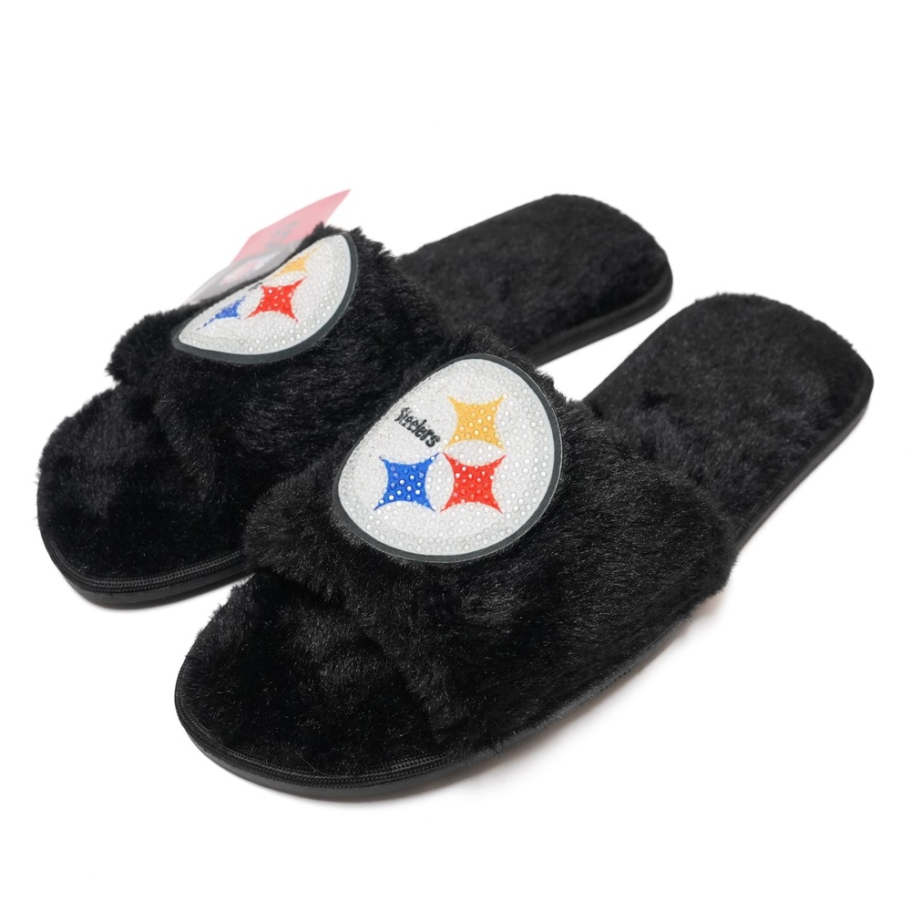 FOCO Pittsburgh Steelers Womens Large Rhinestone Fuzzy Slide Slippers NFL‎ NWT